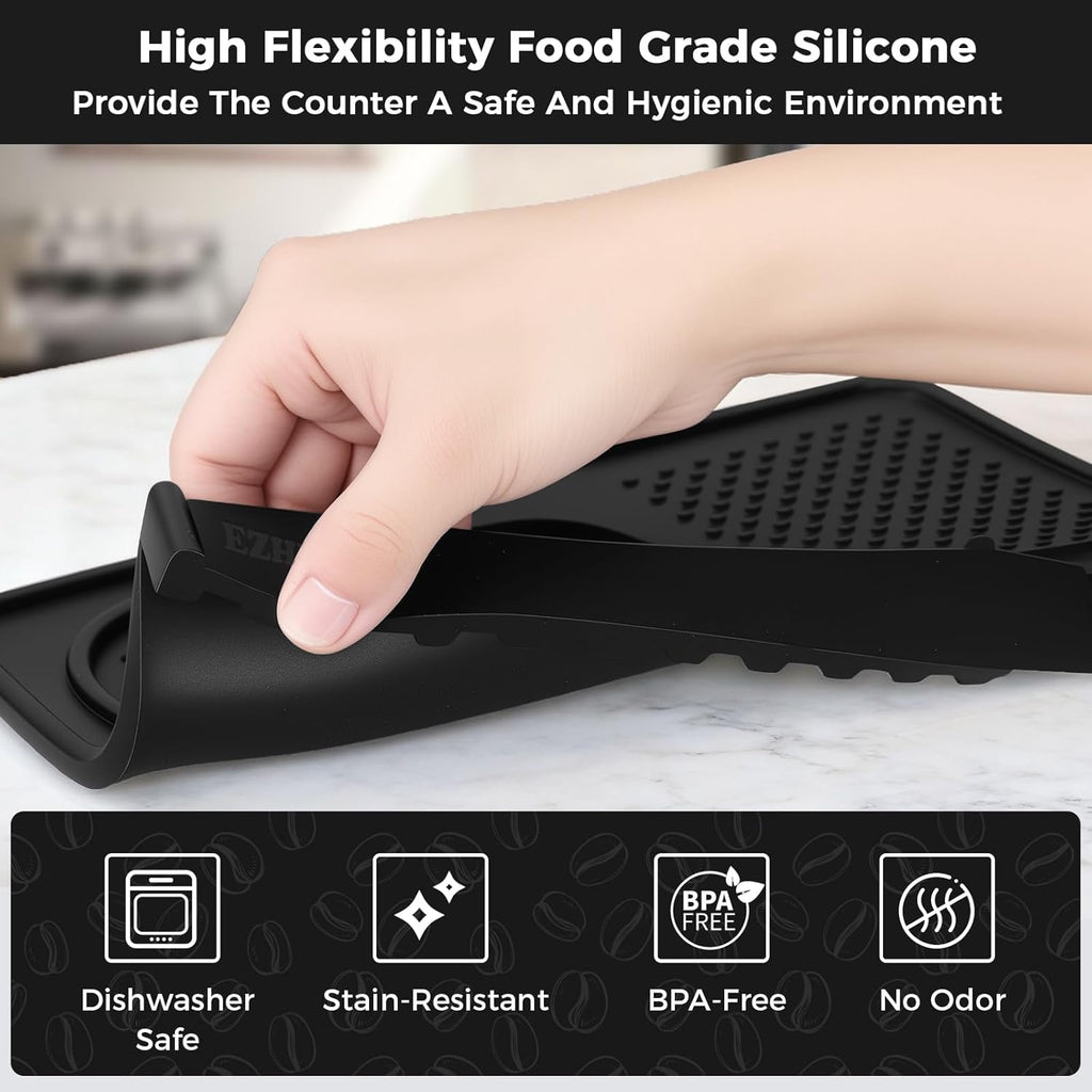 Food Grade Silicone Espresso Tamping Mat for Counter – Multi-Slot Coffee Tamper Mat for Barista Espresso Machine Accessories – Waterproof Neat Tamp Station Coffee Bar Mat for Countertop Black