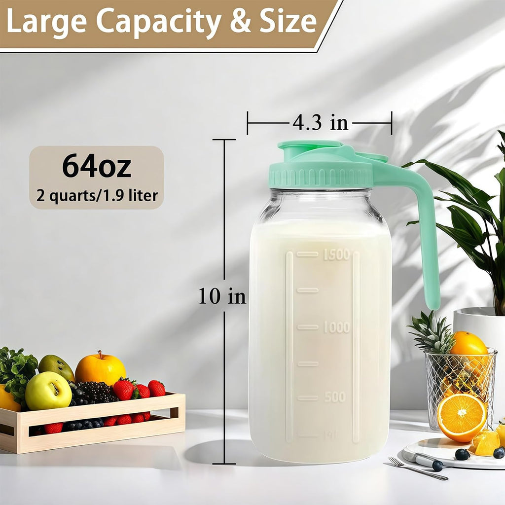 64oz Glass Pitcher with Handle and Lid, 2 Quart Mason Jar Pitcher - Airtight & Leakproof Water Jug with Pour Spout Lid, Glass Containers for Fridge, Perfect for Juice, Cold Brew, Iced & Sun Tea