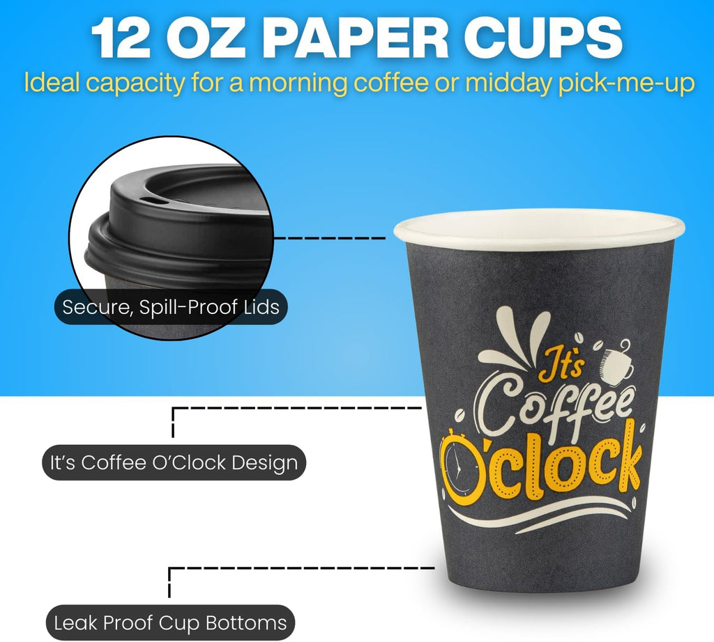 Smygoods Disposable Coffee Cups with Lids, To Go Paper Hot Cups, Coffee O'Clock Design (12 OZ, 50 Count) For Hot Beverages, Coffee, Tea, Espresso, Cocoa - Vasos Para Cafe