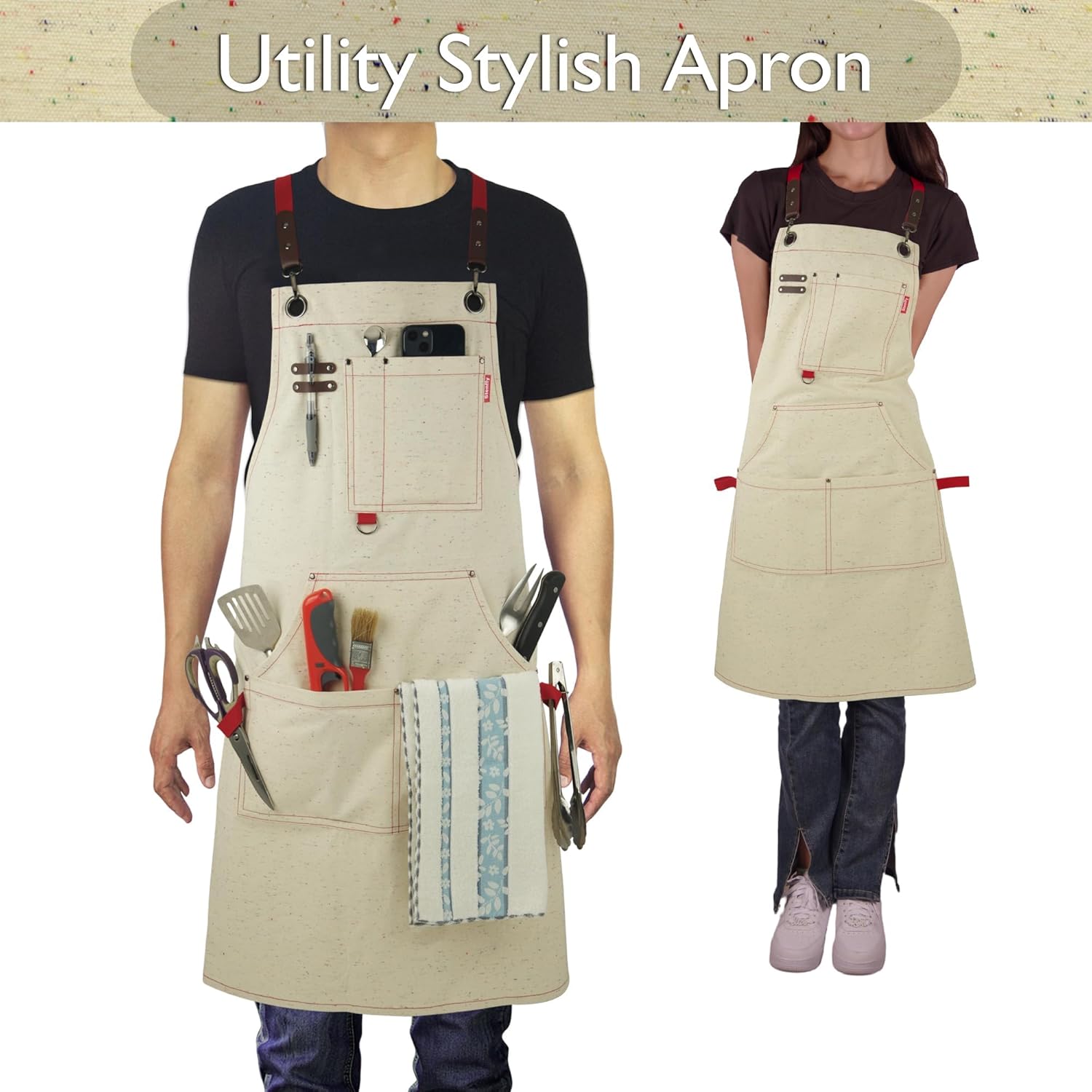 Work Aprons with Multiple Pockets, Waterproof Canvas for Cooking, Painting, Crafting, Gardening, Sizes M to XXL, Colorful Spots
