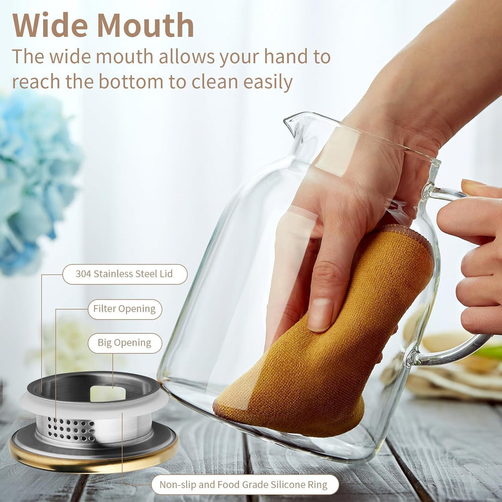 54OZ Glass Pitcher with Lid and Spout, Water Jug, Glass Carafe Water Pitcher for Hot/Cold Beverage, 1600ml for Tea, Juice, Coffee, Milk