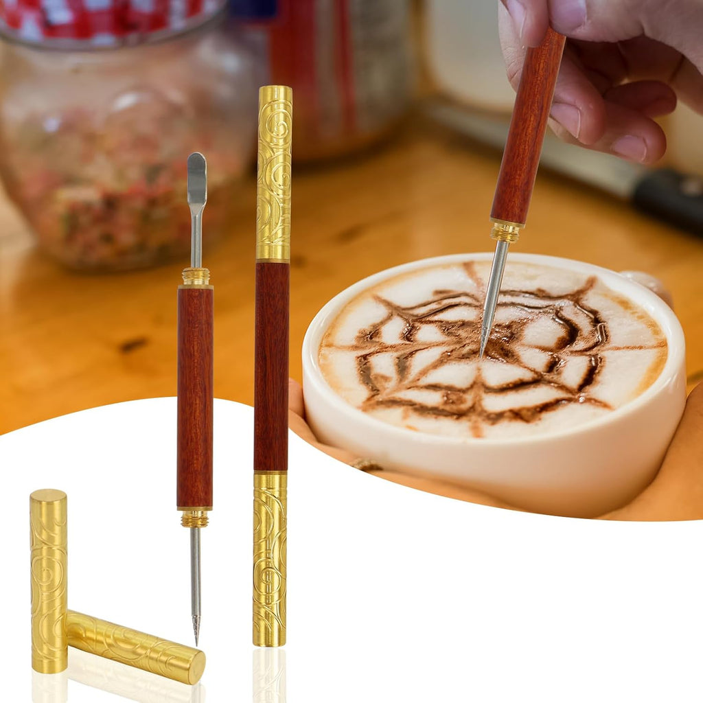 Latte Art Pen 1Pcs,Stainless Steel and Brass with Rosewood Handle of Tools - Barista Tools for Art on Latte,Cappuccino,Espresso - Perfect Coffee Accessories for Coffee Bar