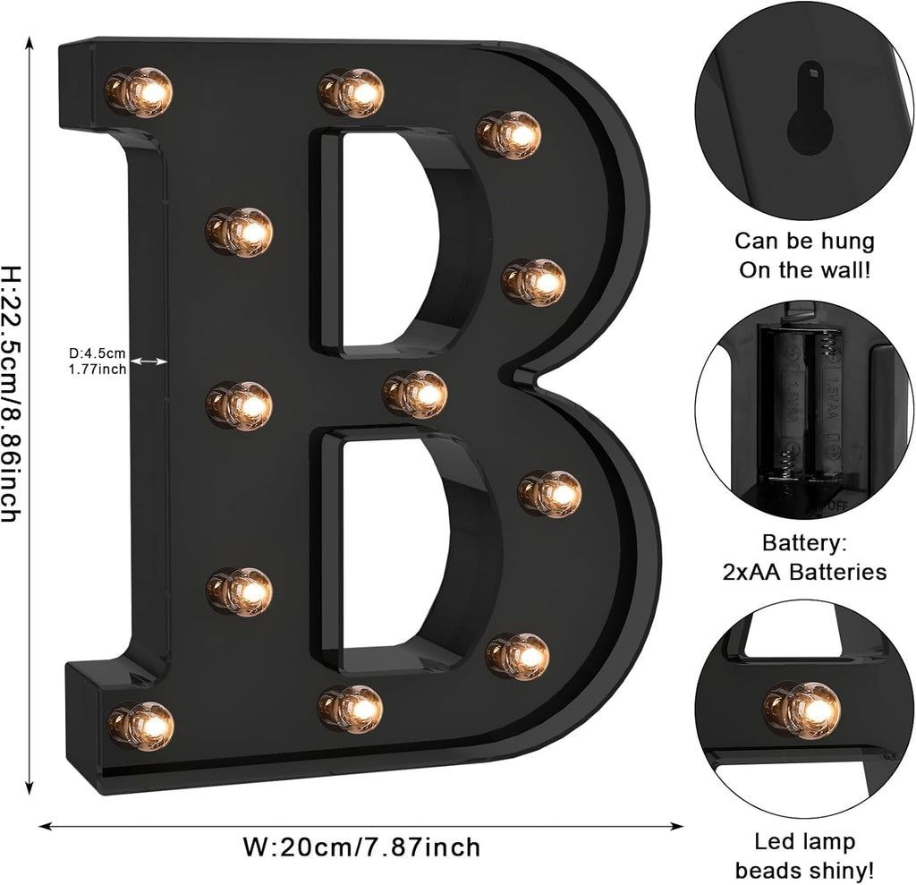 Foaky Black LED Letter Lights for Room Decor - Bedroom Wall Decor, Alphabet Lights for Home, Wedding, Party - Battery Operated （B）