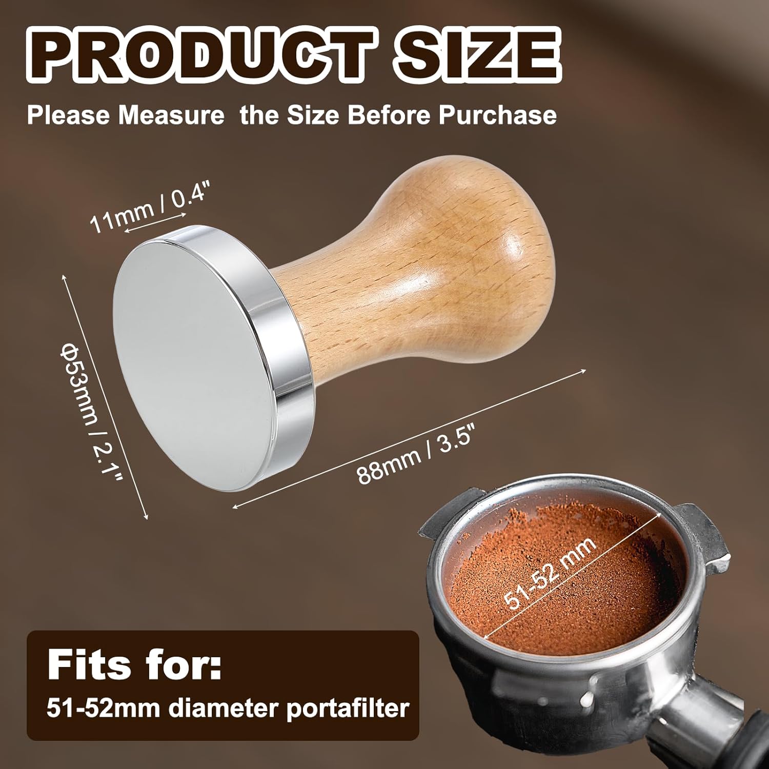 uxcell 53mm Coffee Tamper, Stainless Steel Espresso Press Tamper, Espresso Tamper with Wooden Handle Suitable for Coffee Shop, Restaurant Bar, Bakery (Light Brown)