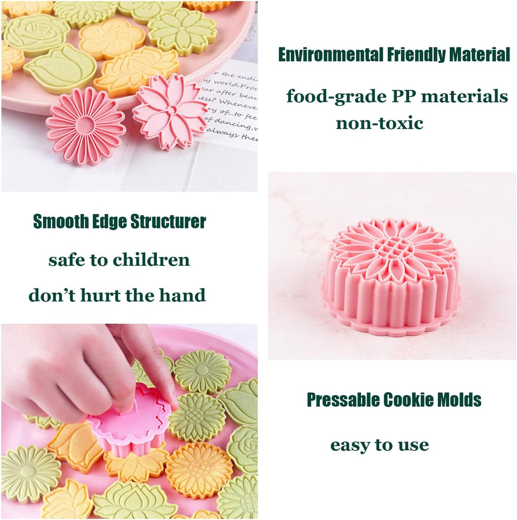 8PCS Flowers Cookie Cutter Sets Daisy Rose Cookie Cutters with Plunger Stamps Sun Flower 3D Plastic Pressable Biscuit Molds Cake Cooie Baking DIY Supplies (A8)