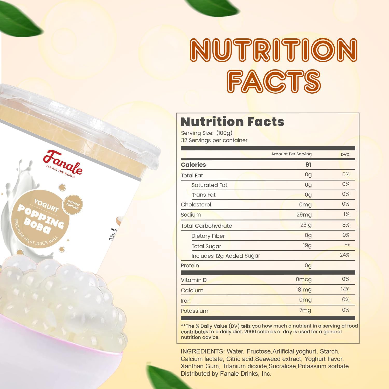 Fanale Yogurt Popping Boba Pearls, Vegan, Non GMO, Gluten Free, Fat Free, Perfect for Bubble Tea, Smoothies, Ice Cream, Desserts, and Beverages.