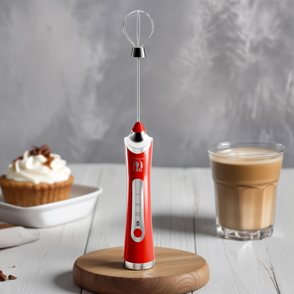 Rechargeable Handheld Milk Frother - Electric Foam Maker - Portable Coffee Frother Wand with 2 Heads - Stainless Steel Electric Whisk for Coffee, Latte, Cappuccino, Macchiato, Hot Chocolate (Red)