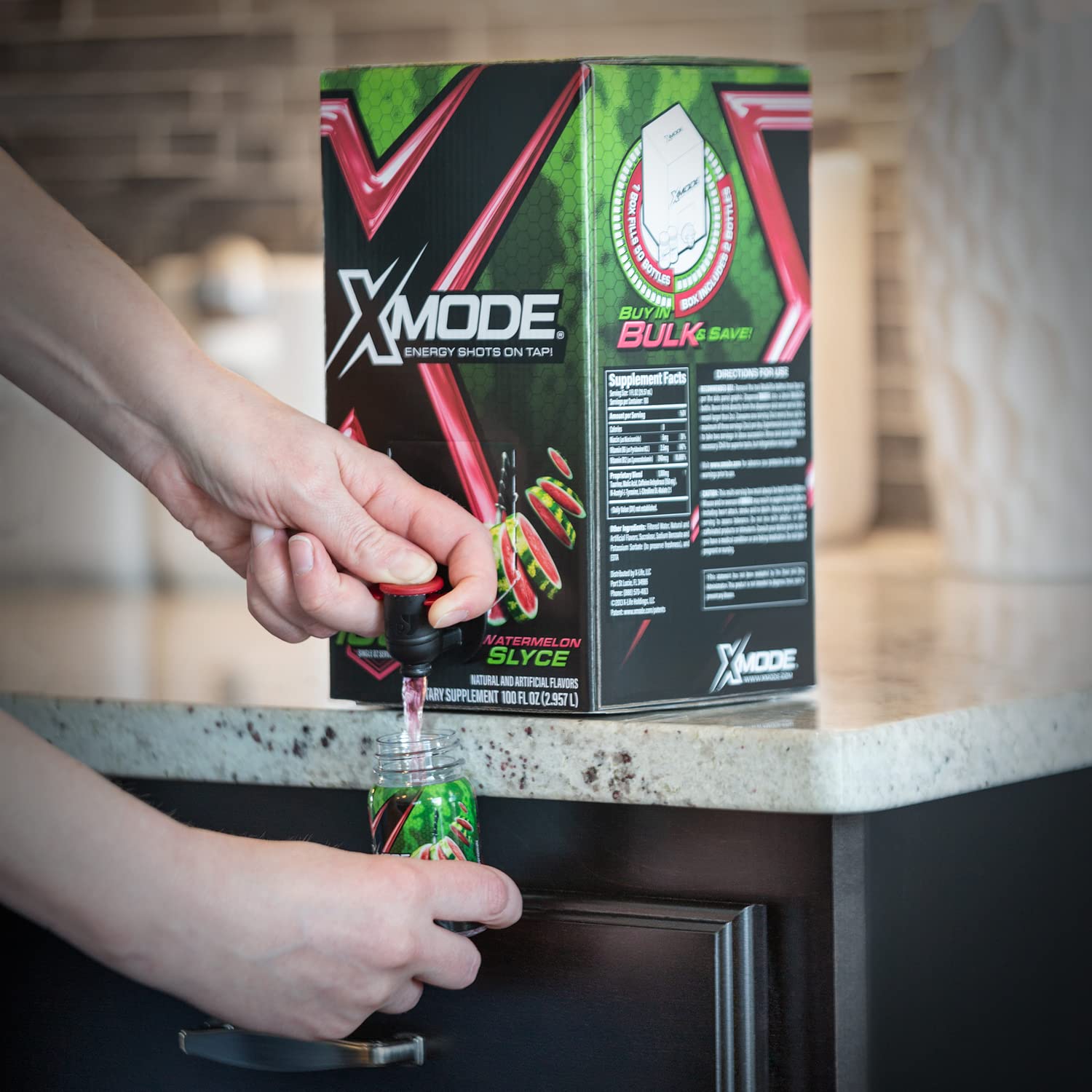 XMODE Energy Shots on Tap (Watermelon Slyce Flavor) – 100 Serving Dispenser with Refillable Bottles for On-Demand Energy at 150mg Caffeine Per Oz