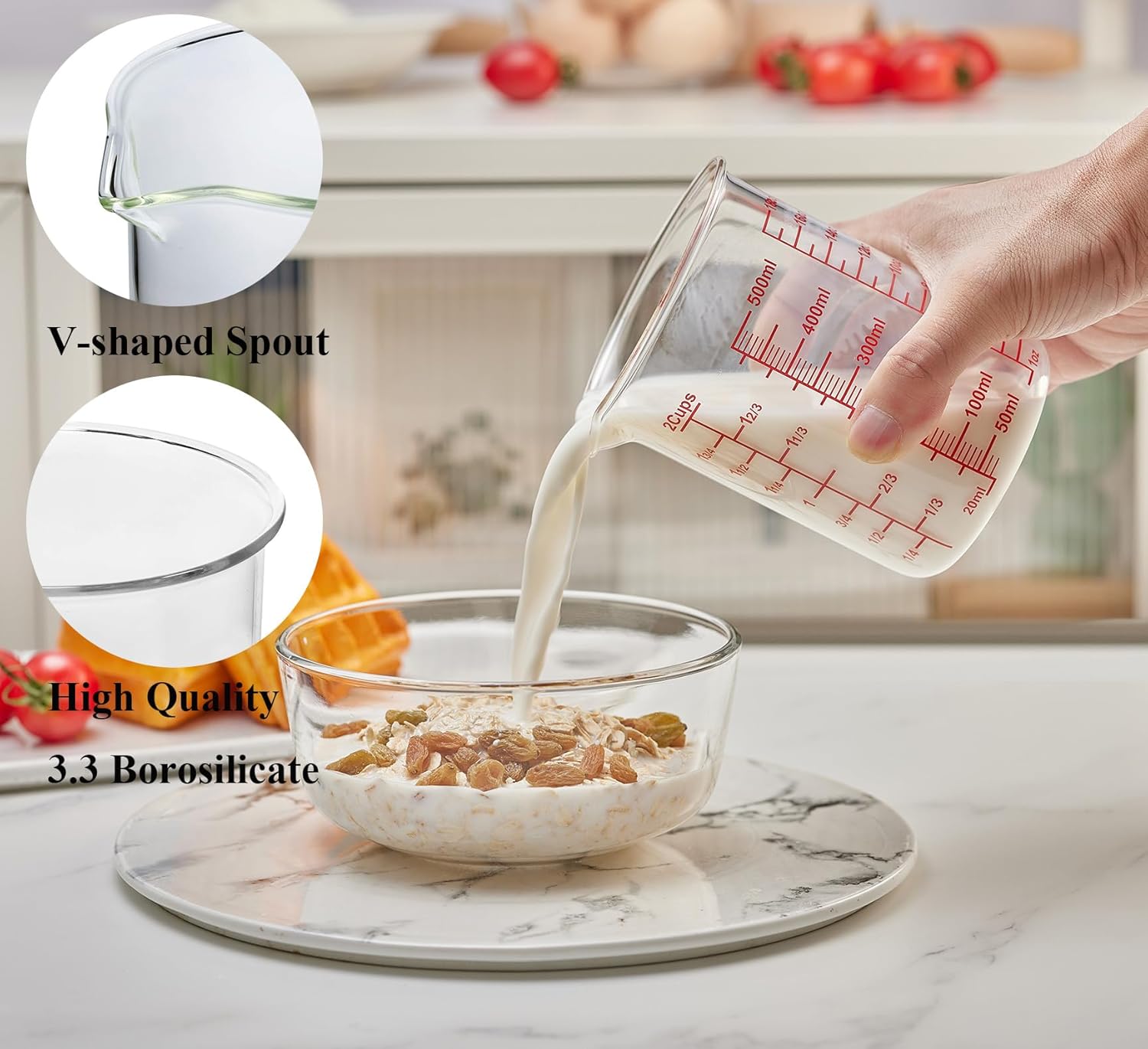 High Borosilicate Glass Measuring Cup Set-V-Shaped Spout，Includes 250ml(8OZ), 500ml(16OZ), and 1000ml(32OZ) Glass Measuring Beaker for Kitchen or Restaurant, Easy to Read