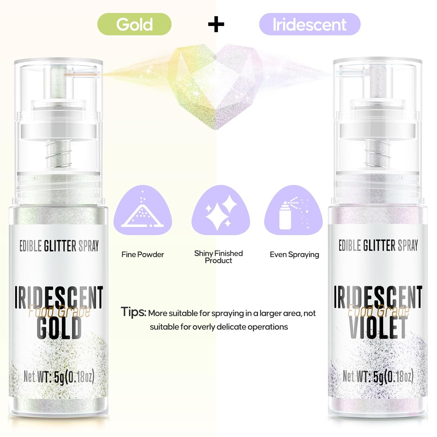 Edible Glitter Spray,Iridescent Gold & Iridescent Violet 2 Colors Food Grade Edible Glitter Set for Drink Cake Beverages,Cupcakes,Cake Pops and Cookies Decorating