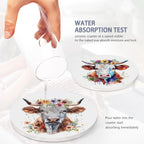 6 Pcs Coasters for Drinks with Holder, Highland Cows Flowers Absorbent Ceramic Coasters with Cork Base,Cute Funny Table Drinks Coasters Tabletop Protection Mat,Table Home Decor,4 Inches