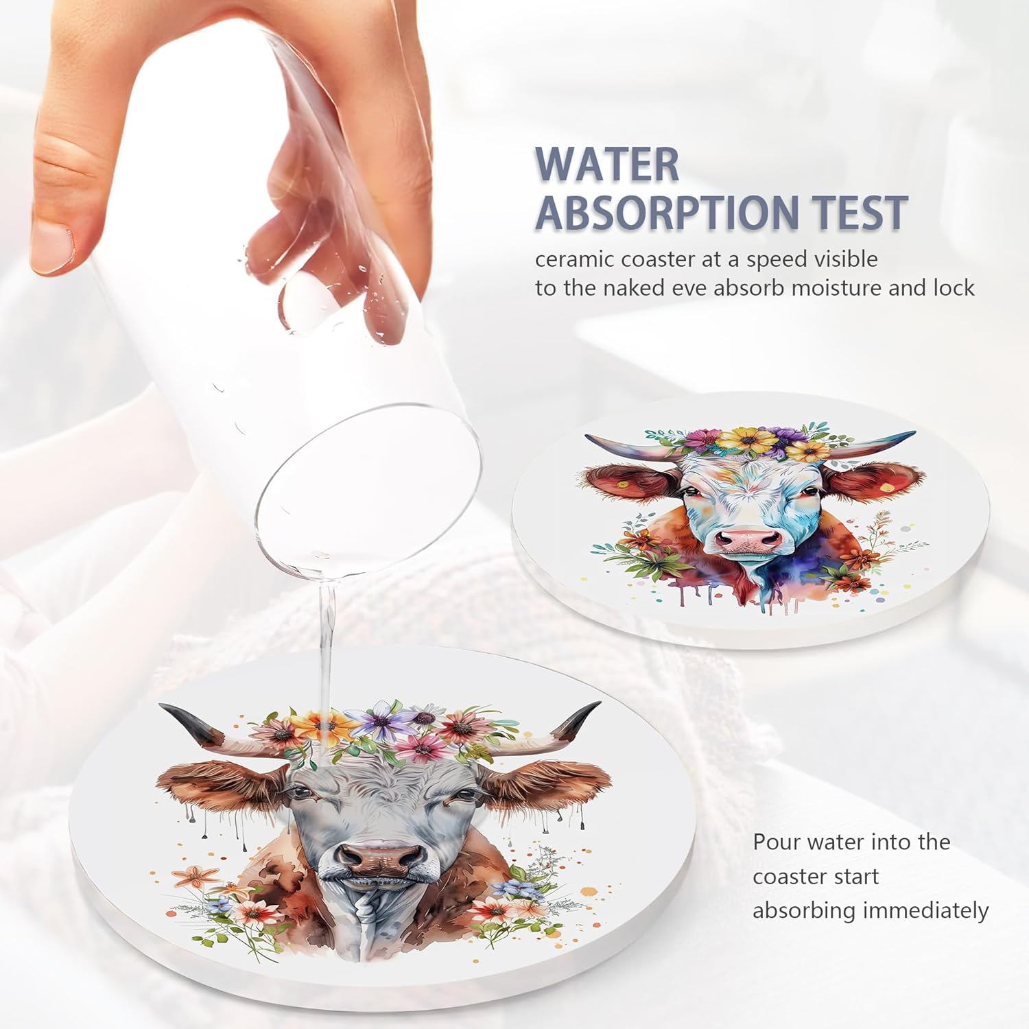 6 Pcs Coasters for Drinks with Holder, Highland Cows Flowers Absorbent Ceramic Coasters with Cork Base,Cute Funny Table Drinks Coasters Tabletop Protection Mat,Table Home Decor,4 Inches