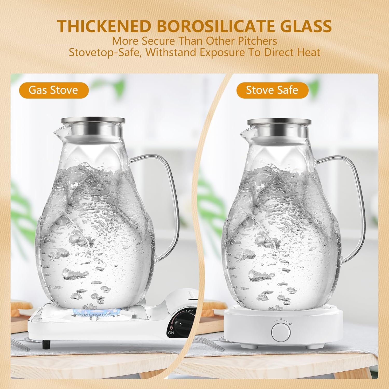 Glass Pitcher With Lid, 102oz Unique Petal Design, Stainless Steel Large Iced Tea Pitcher, Easy To Clean Lightweight Borosilicate Glass For Cold And Hot Beverages