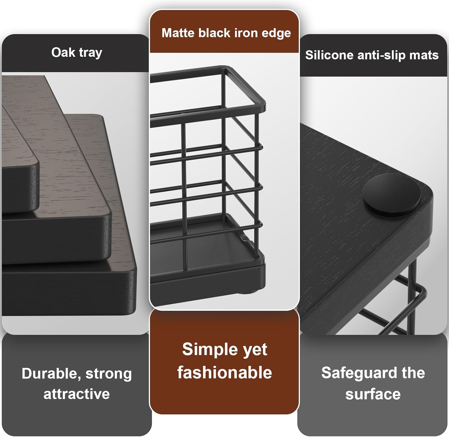 Wican Vertical Stance Bathroom Napkin Holder Takes Up Less Space for Small Guest Bathroom Oak and Iron Towel Tray for Powder Room Table Wooden Basket for Disposable Paper Hand Towels Matte Black