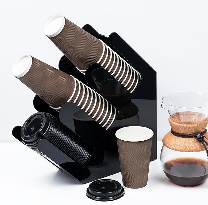 Cup and Lid Holder Stand - 3 Compartment Disposable Cup Dispenser for Countertop Storage - Slanted Paper Coffee Cup Organizer for Breakroom, Kitchen, Hotel, Bar