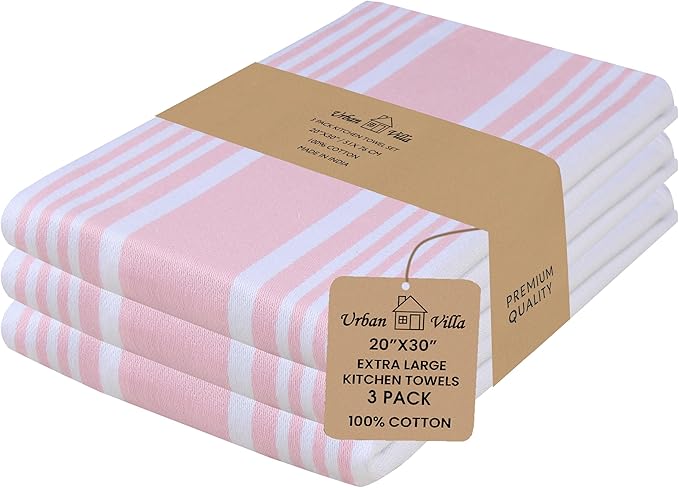 Urban Villa Kitchen Towels 100% Cotton Pack of 3, Highly Absorbent Quick Drying Super Soft Premium Dish Towels for Kitchen with Hanging Loop Hand & Tea Towels - 20x30 Inch, (Pink & White, Striped)
