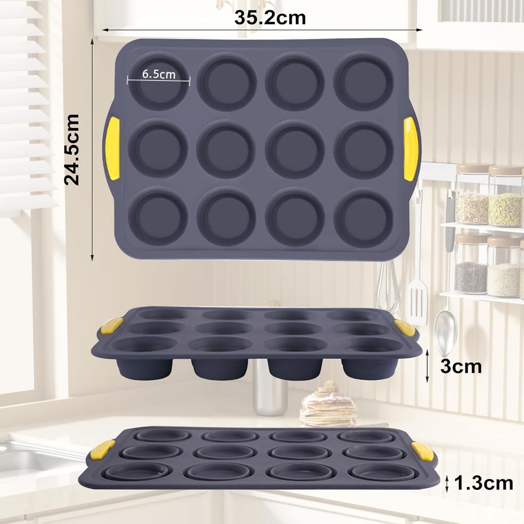 Muffin Pan, Cupcake Pan, Set of 2, 12-Cup Muffin Tin, Non-Stick Bakeware, Easy to Release and Clean, Baking Molds, Muffin Tray, Molds for Homemade Cupcakes & Muffins (Blue silicone)