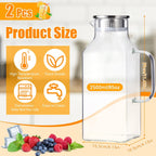 Honeydak 2 Pack 2.5 Liters 85 oz Square Glass Pitcher with Lid and Handle, Glass Water Jars Carafe Jug for Hot/Cold Drinks, Tea, Beverages, Parties and Picnics