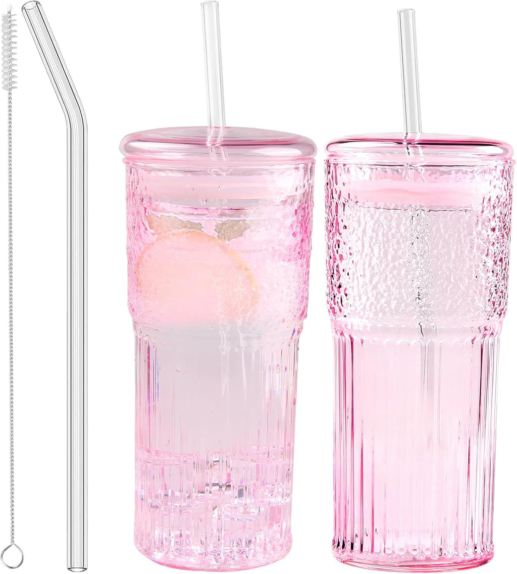 Glass Coffee Cups with Lids and Straws, 20 OZ Pink Iced Water Glasses Tumblers for Ice Juice, Tea, Milk, Smoothie and Cold or Hot Drinks, Set of 2