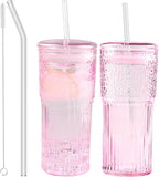 Glass Coffee Cups with Lids and Straws, 20 OZ Pink Iced Water Glasses Tumblers for Ice Juice, Tea, Milk, Smoothie and Cold or Hot Drinks, Set of 2