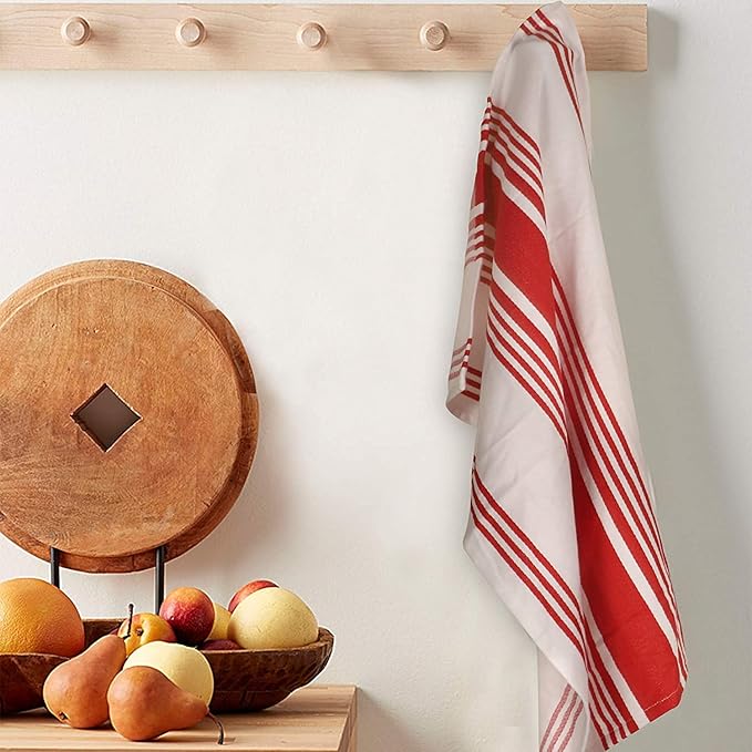 Urban Villa Kitchen Towels 100% Cotton Dish Towels for Kitchen (Set of 3) 20”x30” Dish Cloths Highly Absorbent Kitchen Linen Set with Hanging Loop Perfect for Drying Dishes Cleaning Towels-Red White