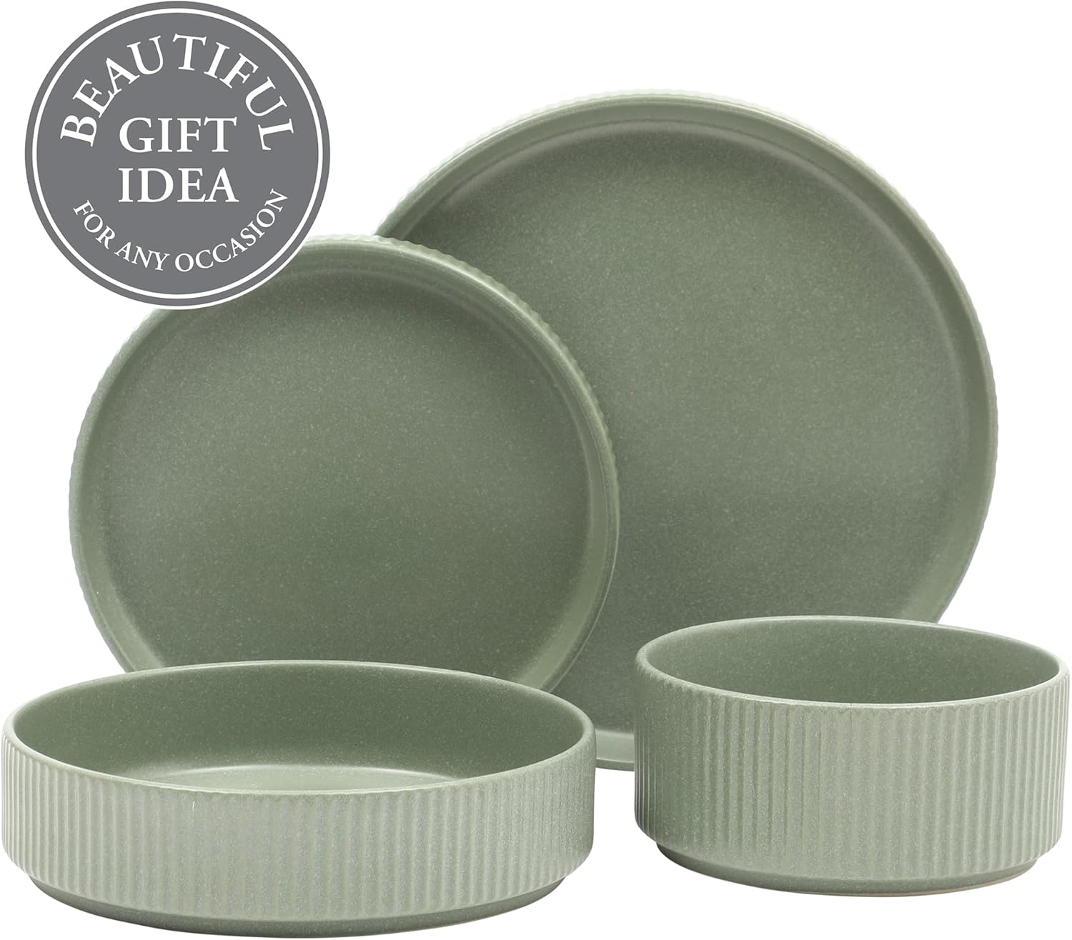 Gibson Elite Deerfield 16-Piece Stoneware Dinnerware Set – Matte Green Stackable Plates and Bowls, Reactive Glaze Finish, Service for 4 – Microwave & Dishwasher Safe