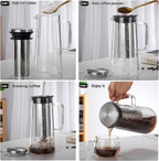 Cold Brew Coffee Maker Borosilicate Glass with 304 Stainless Steel Filter, Tea Infuser Ice Cold Brew Pitcher Kitchen, with Spout Kitchen Iced (34oz (1.0 L))