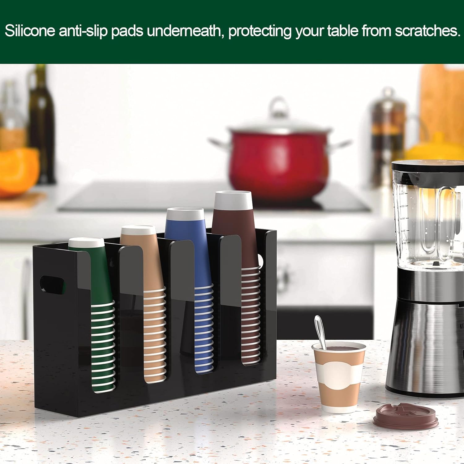 Disposable Coffee Cup Dispenser with Handles, Countertop or Wall Mount Hot/Cold Drink Cup and Lid Holder - Bathroom/Kitchen/Office Acrylic Cup Lid Storage Organizer (4 Compartments, Black)