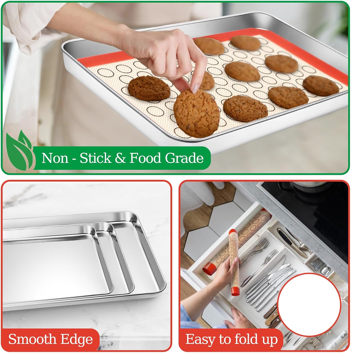 Baking Sheet with Silicone Baking Mat Set,CEKEE Stainless Steel Baking Sheet Pan Tray, Cookie Sheets for Baking, 6PCS Baking Supplies Bakeware Sets for Oven Making Cookies, Macaroons, Bread