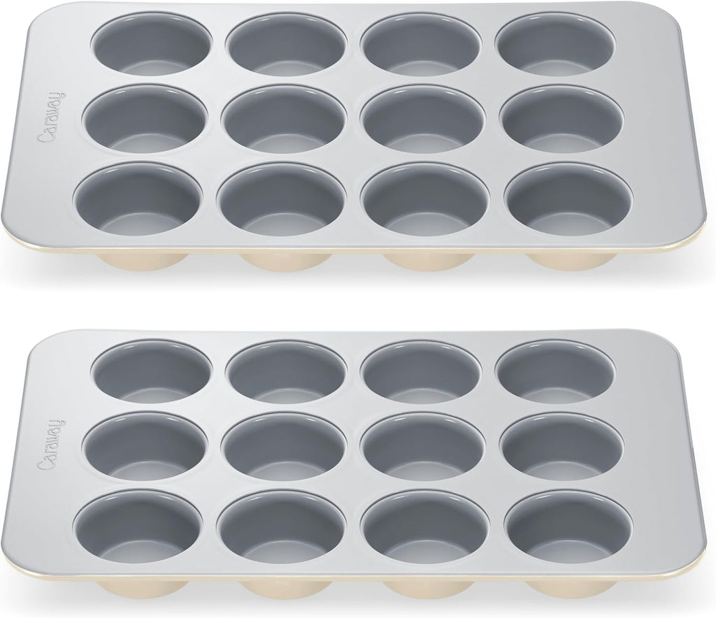 Caraway Non-Stick Ceramic 12-Cup Muffin Pan Duo - Naturally Slick Ceramic Coating - Non-Toxic, PTFE & PFOA Free - Perfect for Cupcakes, Muffins, and More - Cream