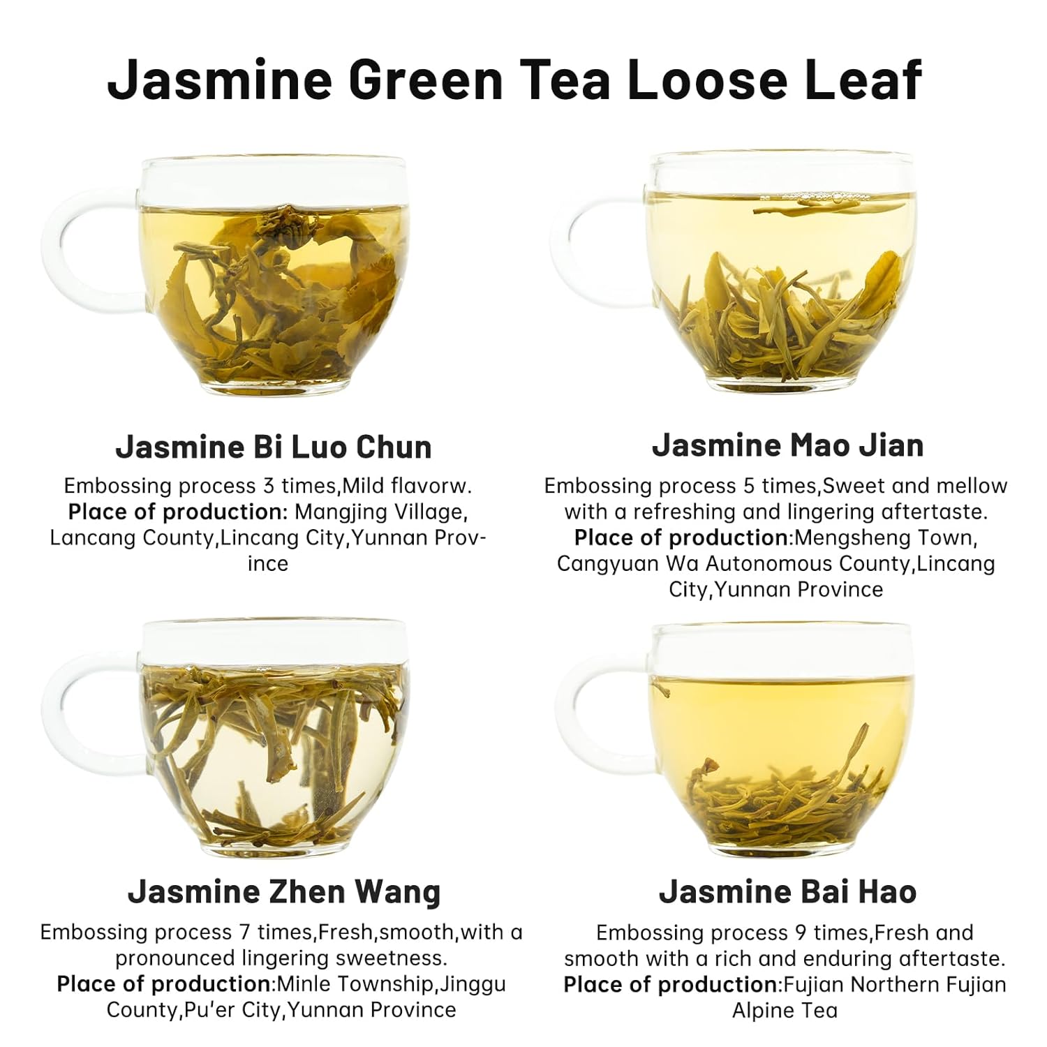 iTeaworld Jasmine Green Tea Loose Leaf Samplers Set, With Different Flowery Aromas, No Sweetener, Sweet After Taste, 4 Different Grades of Jasmine Tea Loose Leaf, 16 Pack/56g