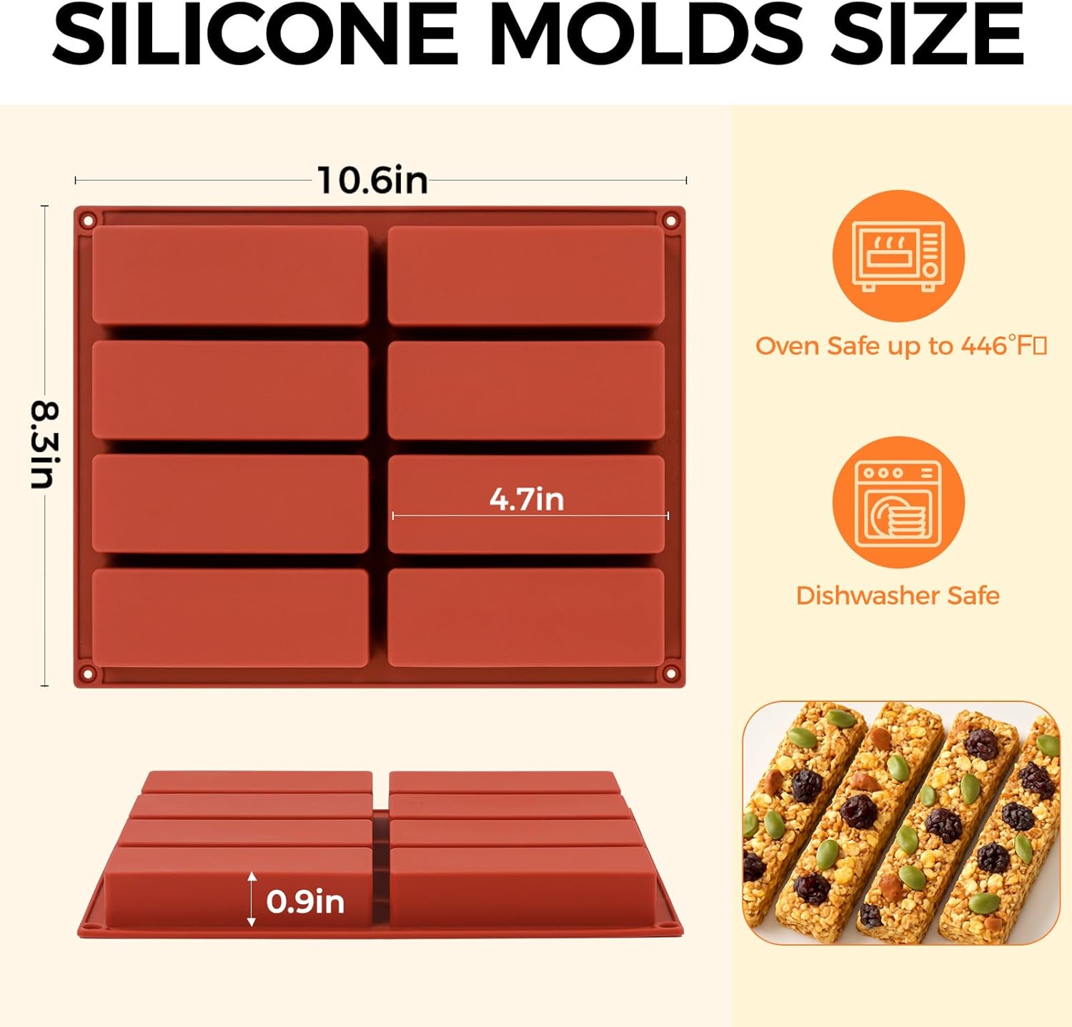 Granola Bar Molds, 8 Cavity Rectangle Granola Bar Silicone Mold for Energy Bars, Cereal, Protein, Brownie, Chocolate & Candy Molds(2 Pcs)