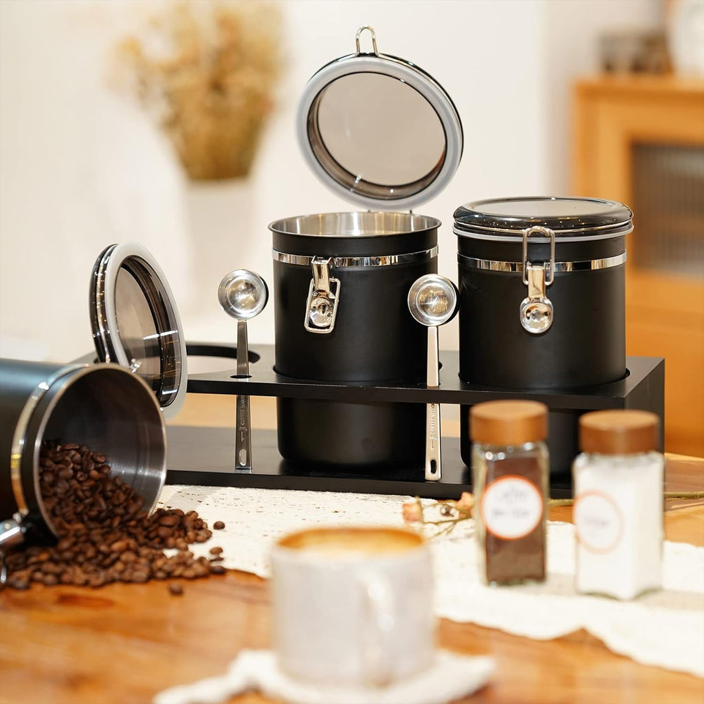 Yangbaga 3x63OZ Sugar Coffee Canisters with Shelf, 304 Stainless Steel Coffee Station Container for Ground Coffee Bean Storage with Airtight Locking Clamp&Scoop, Cereal Containers Storage for Kitchen