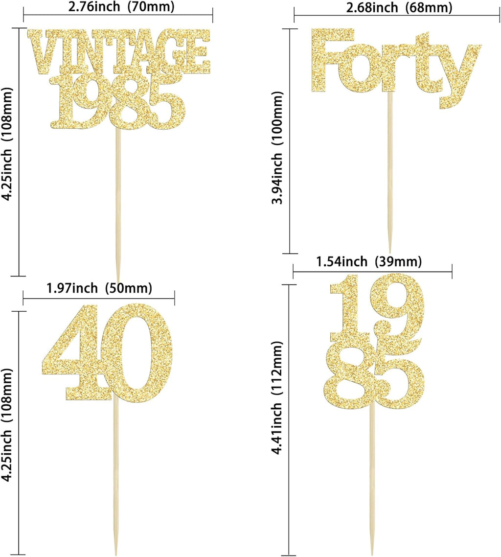 Gyufise 24Pcs Happy 40th Birthday Cupcake Toppers Glitter Forty 40 Fabulous Vintage 1985 Cake Toppers for 40th Birthday Wedding Anniversary Party Cake Decorations Supplies Gold