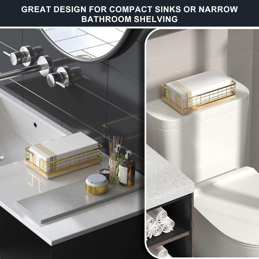 Wican Guest Towel Holder Tray for Bathroom, Oak and Iron Napkins Holder for Powder Room Dinning Table Wooden Basket for Disposable Paper Hand Towels Gold and Oak