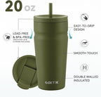 COKTIK 20oz Insulated Tumbler with Lid and Straw 2 Lids (Straw/Flip) Iced Coffee Cup Reusable Stainless Steel Travel Mug Water Bottle Cupholder Friendly for Women Men Her Him (Olive)
