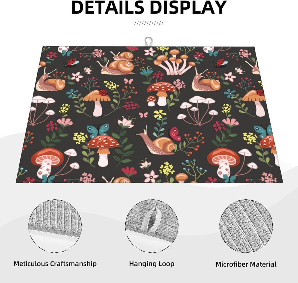 Mushroom Snails Dish Drying Mat for Kitchen Counter 18x24 Inch, Spring Floral Kitchen Drying Mat,Cute Mushrooms Decor Dishes Pad Dish Drainer Rack Mats Absorbent Fast Dry Kitchen Accessories