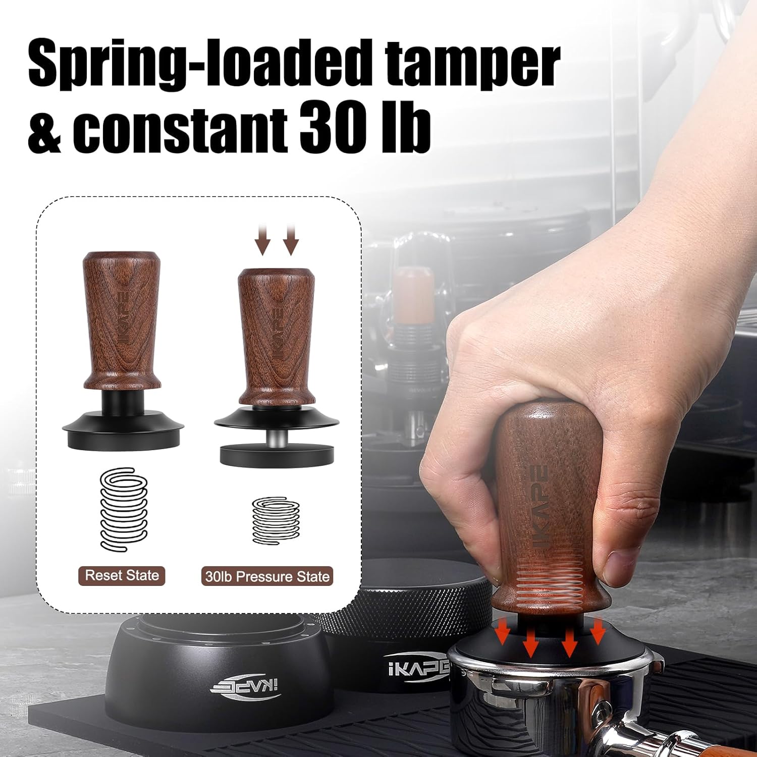 IKAPE 53.3mm Espresso Tamper, Spring-loaded Calibrated Tamper with Walnut Handle, Titanium Ripple Plating Base, Fits for 54 Breville Espresso Machine Bottomless Portafilter