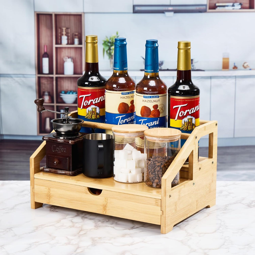 Bamboo Coffee Syrup Rack Organizer 3 Tier Rack with Cup Storage Box, Bottle Holder Stand for Syrups, Dressings, Kitchen Coffee Station, Natural
