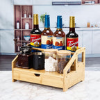 Bamboo Coffee Syrup Rack Organizer 3 Tier Rack with Cup Storage Box, Bottle Holder Stand for Syrups, Dressings, Kitchen Coffee Station, Natural