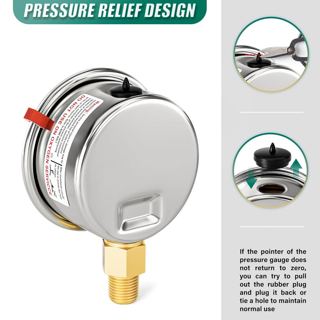 -30inHG~0Psi Stainless Steel Liquid Filled Pressure Gauge, 2.5" Dial Size, 1/8" NPT Lower Mount, for Tube, Water Pump, Gas, Liquid, Pressure Test (with Range Mark Pointer)