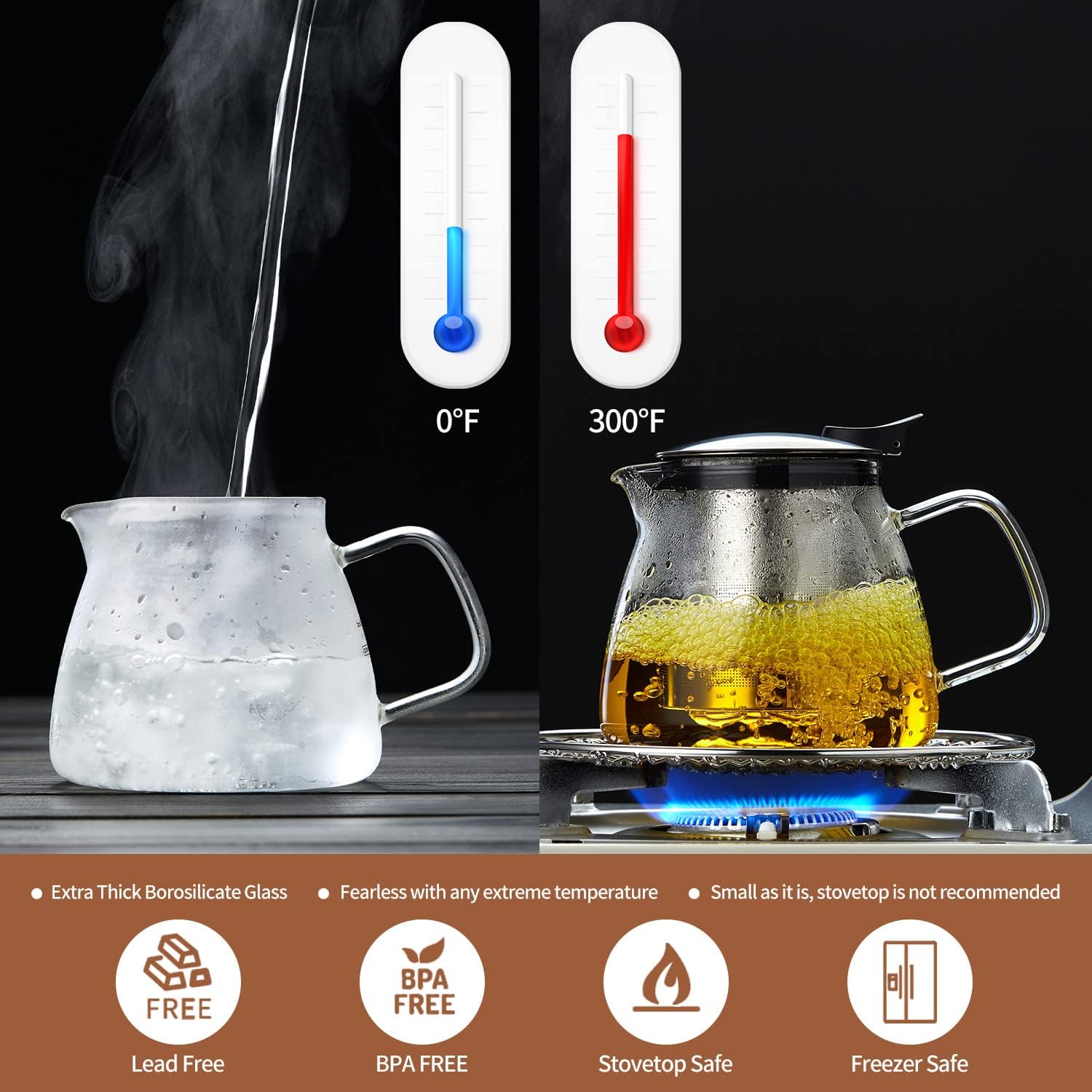 Glass Teapot Tea Pot with Removable Stainless Steel Infuser, 25oz / 760ml Borosilicate Glass Tea Kettle for Office Work, Fine Strainer for Loose Leaf Tea