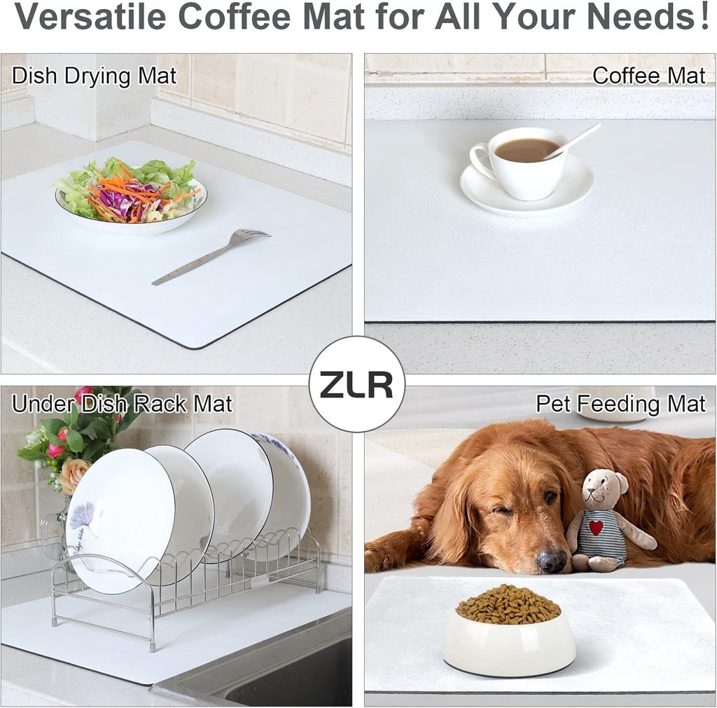 ZLR Coffee Mat - 12" x 20" Middle Kitchen Hide Stain Absorbent Dish Drying Mat for Countertop - Easy to Clean Coffee Bar Mat for Espresso Machine and Spill Protection - Milk White