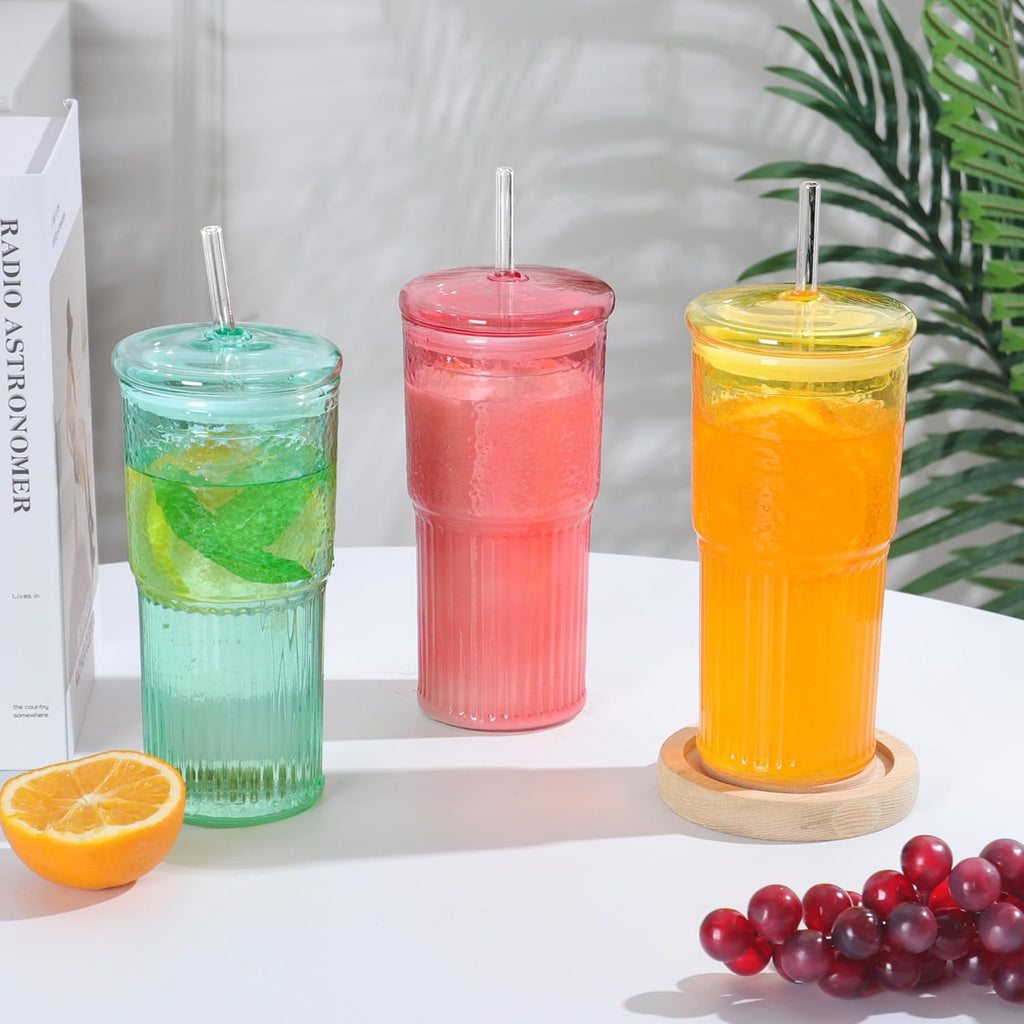 20 OZ Glass Cup with Lids and Glass Straws, High Borosilicate Iced Coffee Glass Tumblers with Lid and Straw for Drinks, 2pcs Reusable Wide Mouth Smoothie Cup(Yellow)