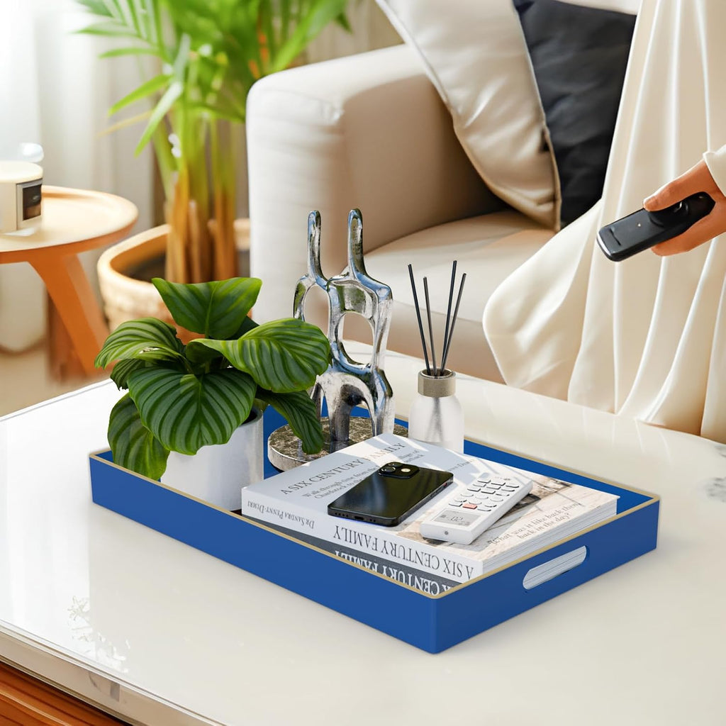 MAONAME Navy Blue Serving Tray with Handles, Modern Decorative Tray for Coffee Table, Plastic Rectangular Tray for Ottoman, Bathroom, Decor, 15.8” x 10.2” x1.4