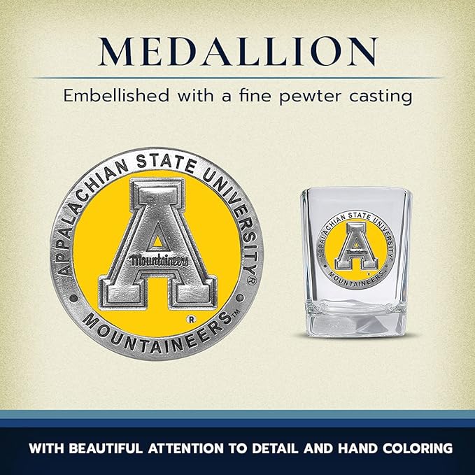 Heritage Pewter Appalachian State University Square Shot Glass | Hand-Sculpted 1.5 Ounce Shot Glass | Intricately Crafted Metal Pewter Alma Mater Inlay