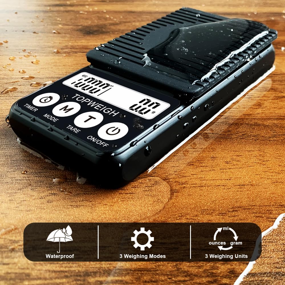 Waterproof Espresso Coffee Scale with Timer, 1000g by 0.1g, Barista Weighing Plate, RDT Tool Set, Cleaning Brushes & Batteries Included