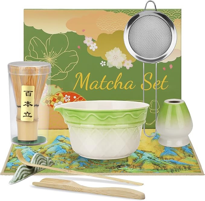 8PCS Matcha Whisk Set, Ceramic Matcha Kit Set, Japanese Tea Ceremony Tools with Matcha Bowl, Bamboo Whisk, Holder, Sifter, Spoon, Tea Cloth, Scoop and Scoop Rest (Relief Green and White)