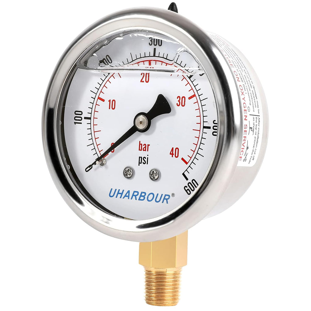 Glycerin Filled Pressure Gauge 600psi/40bar, Stainless Steel case, Brass Inside Construction, 2-1/2" dial, 1/4" NPT Rear Connection.