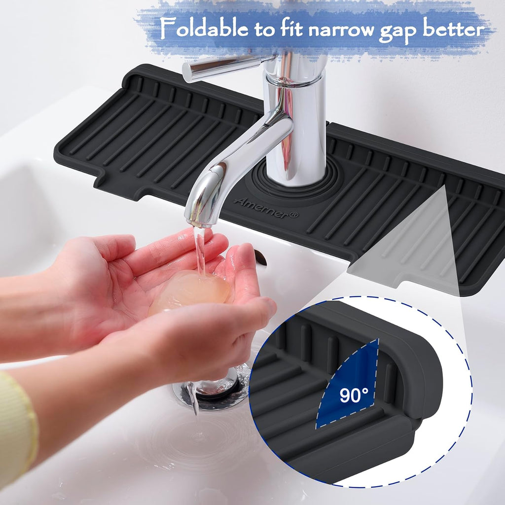 Kitchen Sink Splash Guard, 10° Large Slope & Adaptable Hole Faucet Mat for Kitchen Sink, Silicone Sink Organizer Sponge Holder for Kitchen, Bathroom, RV, Bar, 14.2” x 5.1”, Black